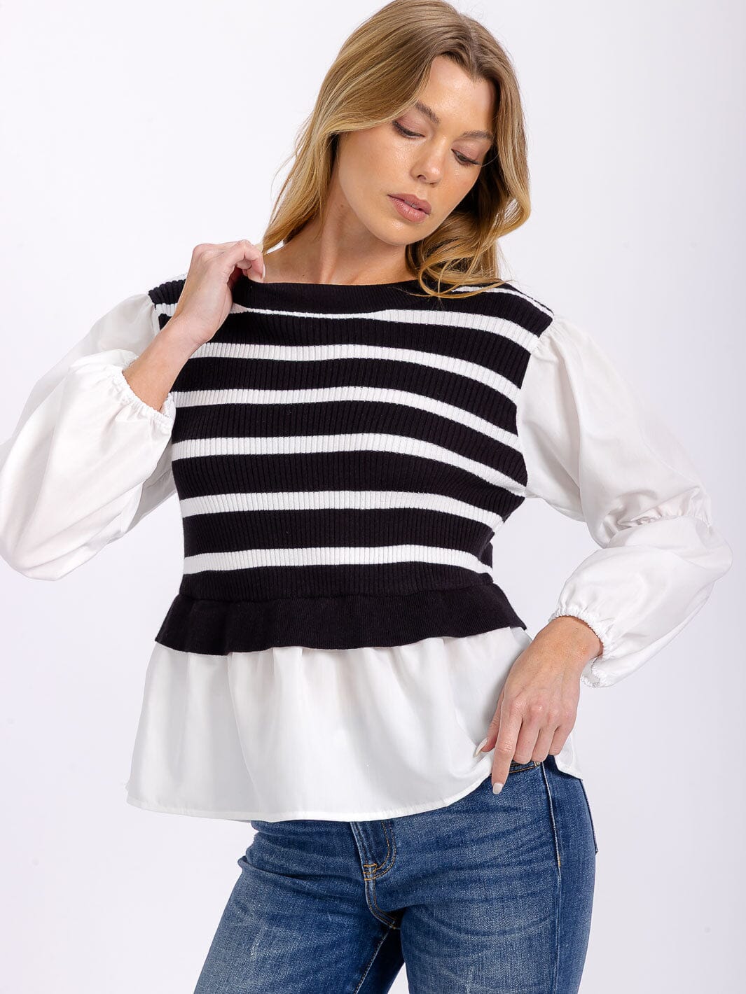 WOMEN'S LONG PUFF SLEEVES COLORBLOCK STRIPES CONTRAST BLOUSE