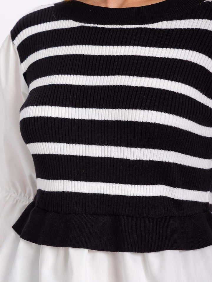 WOMEN'S LONG PUFF SLEEVES COLORBLOCK STRIPES CONTRAST BLOUSE