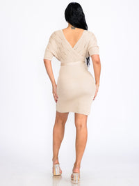 WOMEN'S SHORT SLEEVE SURPLICE SIDE SLIT BODYCON SELF TIE KNIT MINI DRESS