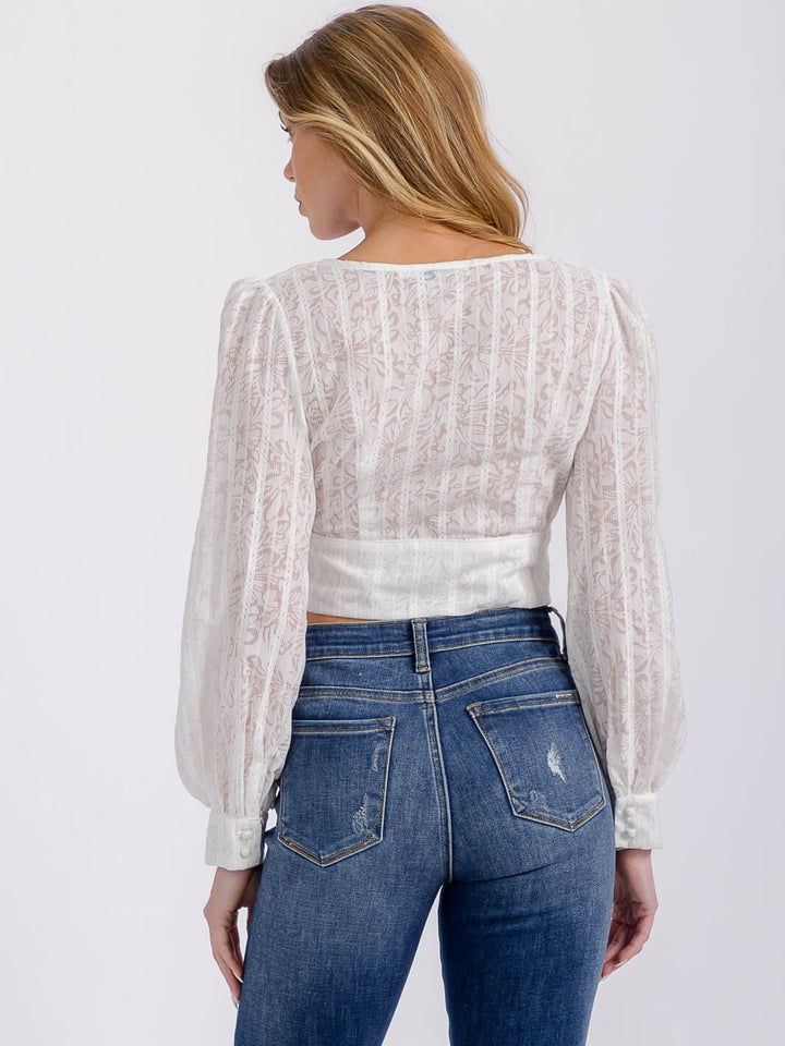 WOMEN'S LONG SLEEVE V-NECK BUTTON UP DETAILED CROP TOP