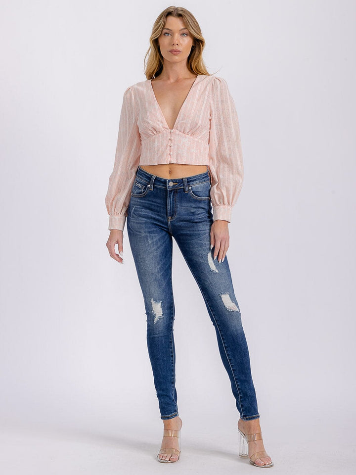 WOMEN'S LONG SLEEVE V-NECK BUTTON UP DETAILED CROP TOP