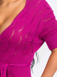 WOMEN'S SHORT SLEEVE SURPLICE SIDE SLIT BODYCON SELF TIE KNIT MINI DRESS