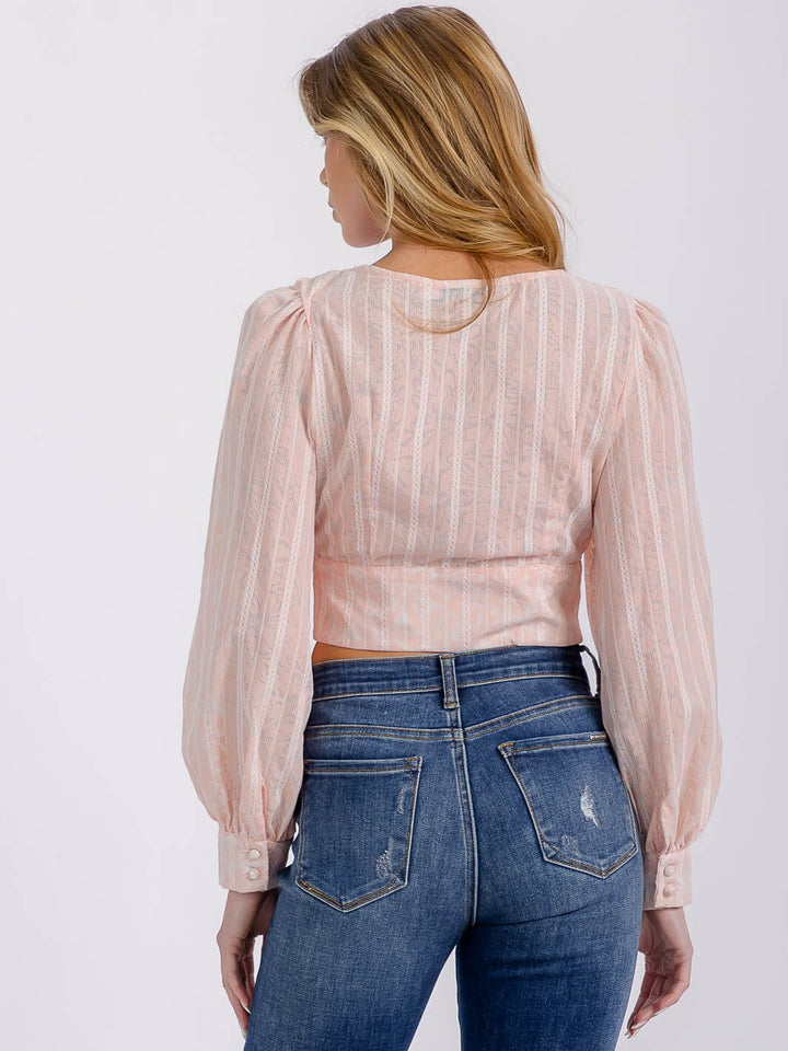 WOMEN'S LONG SLEEVE V-NECK BUTTON UP DETAILED CROP TOP