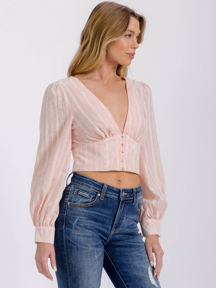 WOMEN'S LONG SLEEVE V-NECK BUTTON UP DETAILED CROP TOP