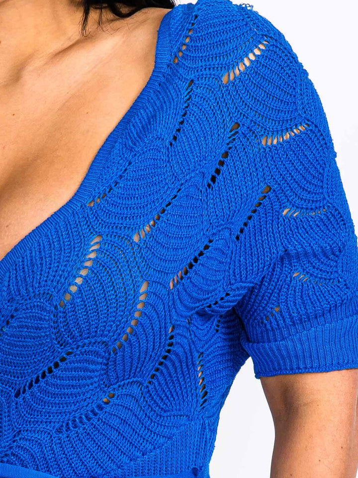 WOMEN'S SHORT SLEEVE SURPLICE SIDE SLIT BODYCON SELF TIE KNIT MINI DRESS