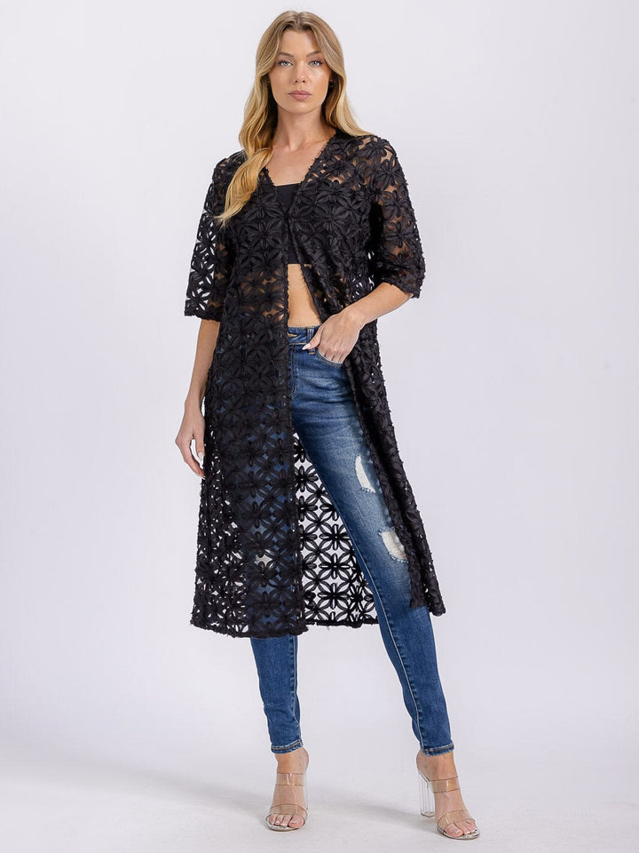 WOMEN'S SHORT SLEEVE BUTTON CLOSURE MESH DETAILED CARDIGAN