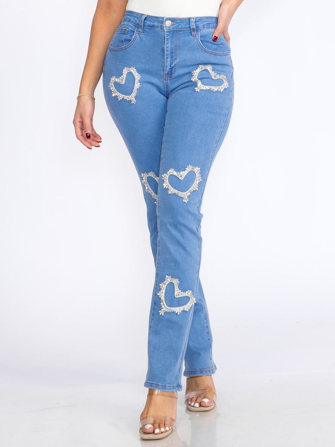 WOMEN'S BUTTON CLOSURE POCKETS HEARTS STRETCH DENIM SKINNY JEANS