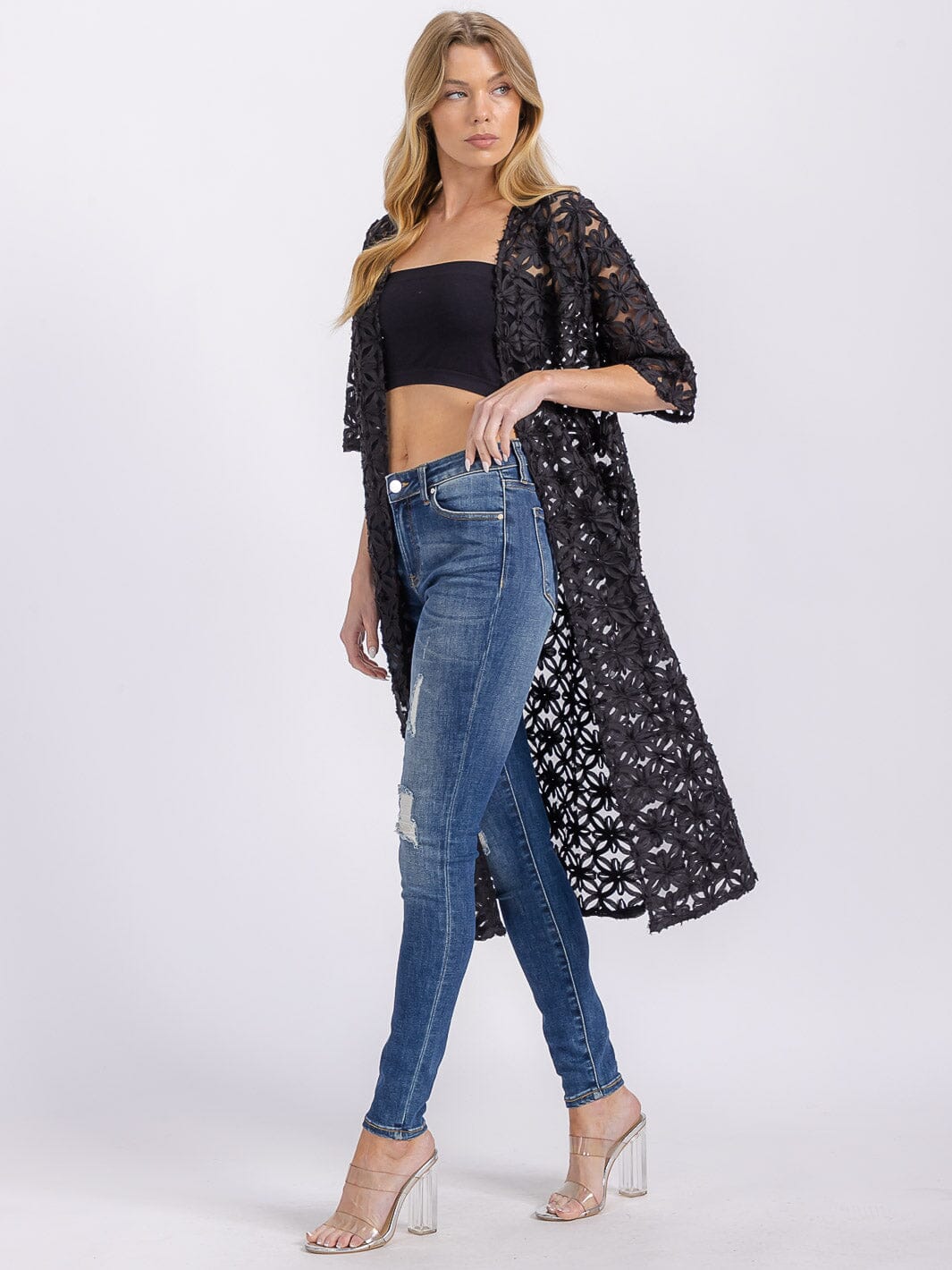 WOMEN'S SHORT SLEEVE BUTTON CLOSURE MESH DETAILED CARDIGAN