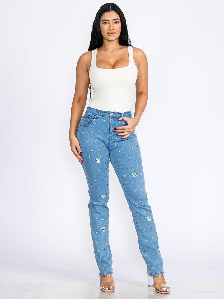 WOMEN'S BUTTON CLOSURE POCKETS HEART RHIMESTONE STRETCH DENIM SKINNY JEANS