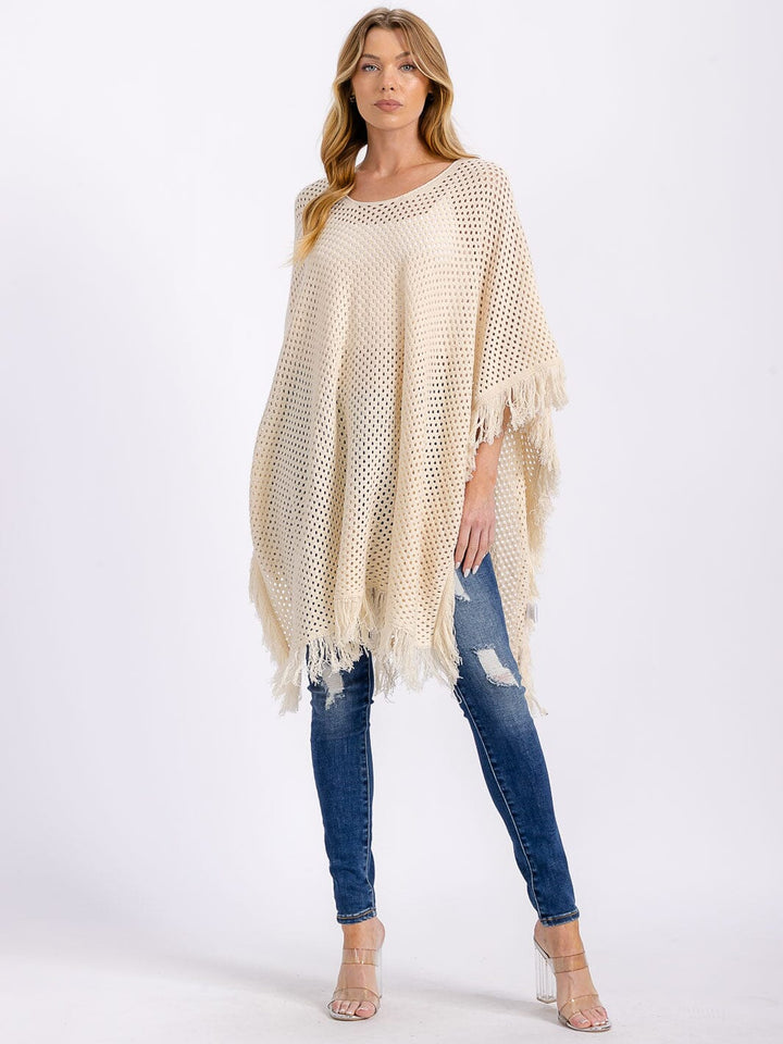 WOMEN'S SHORT SLEEVE FRINGE TRIM KNIT PONCHO