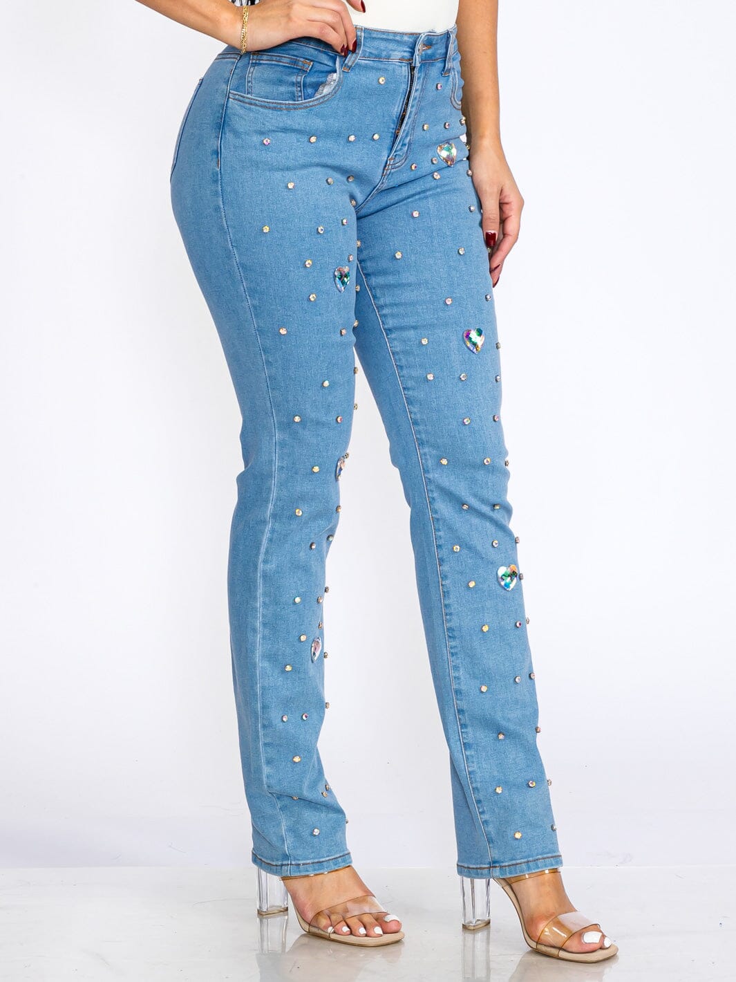 WOMEN'S BUTTON CLOSURE POCKETS HEART RHIMESTONE STRETCH DENIM SKINNY JEANS