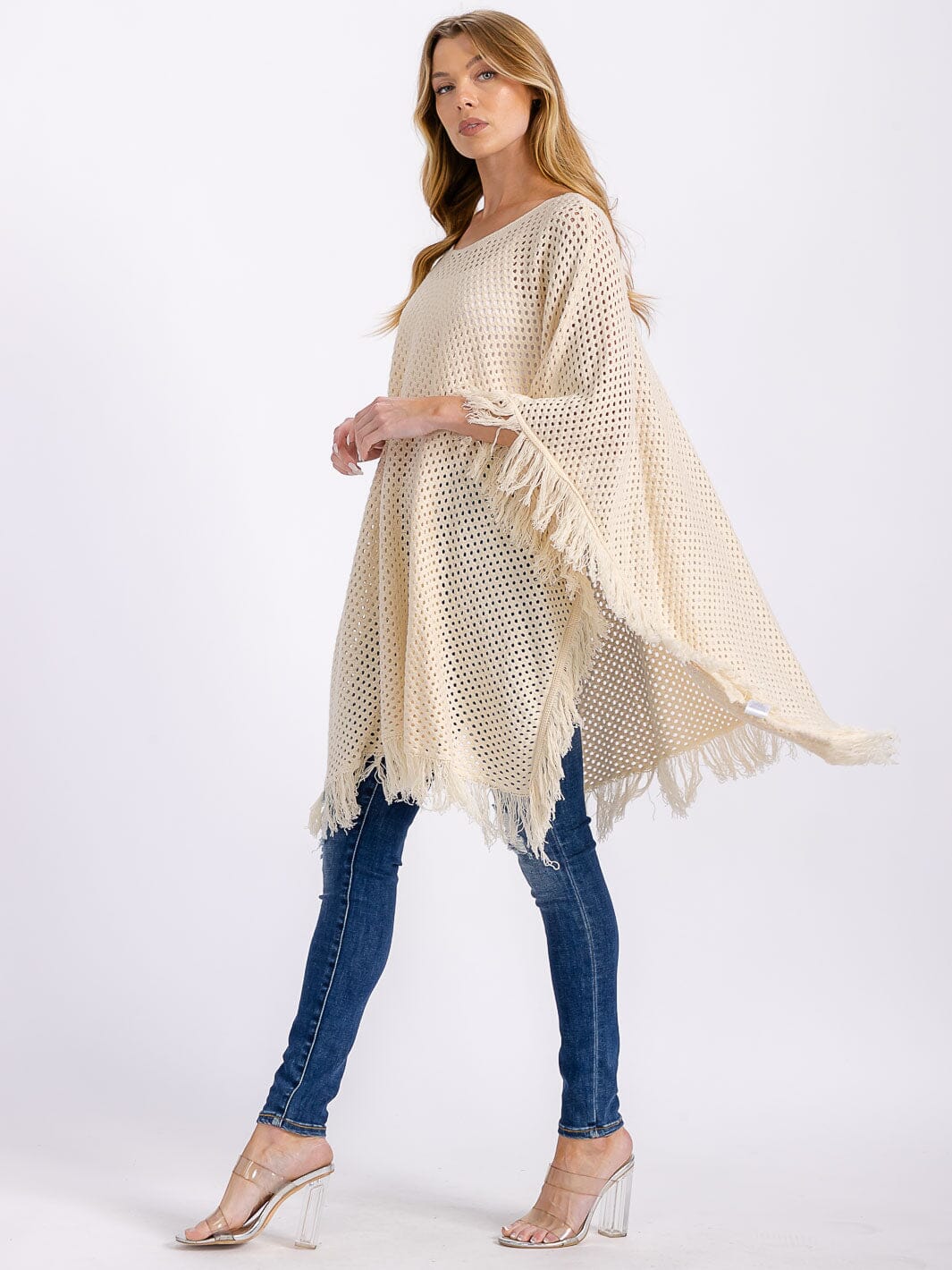 WOMEN'S SHORT SLEEVE FRINGE TRIM KNIT PONCHO
