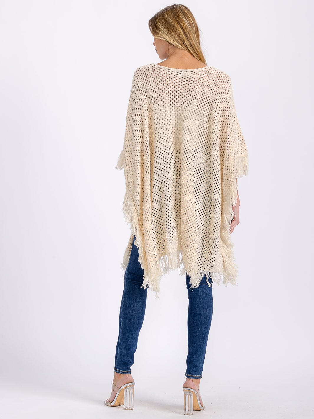 WOMEN'S SHORT SLEEVE FRINGE TRIM KNIT PONCHO