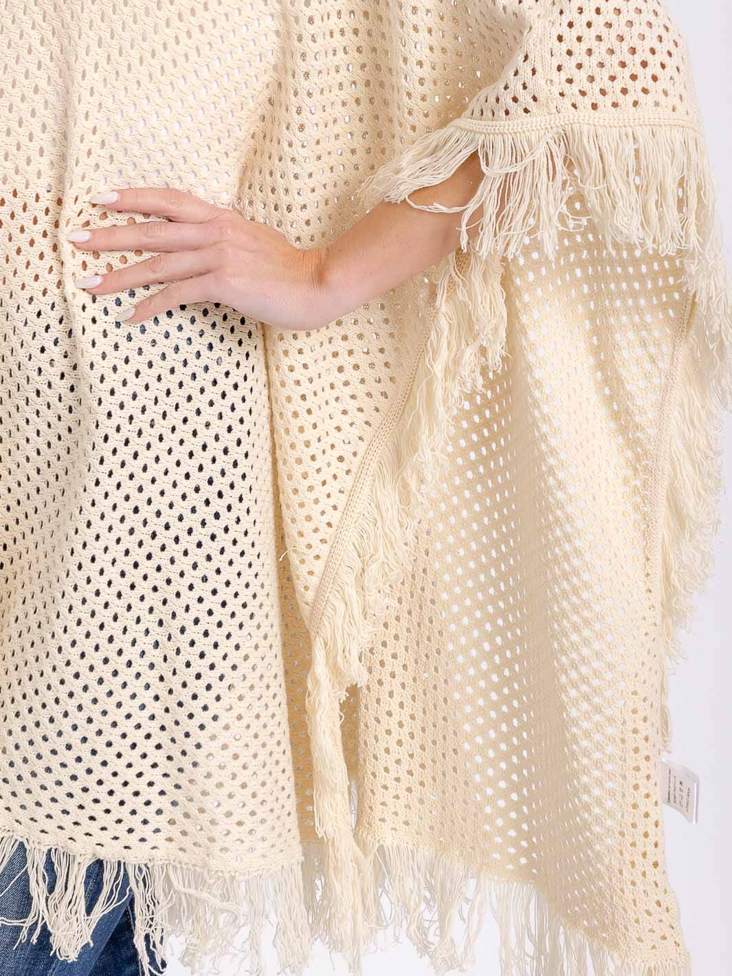 WOMEN'S SHORT SLEEVE FRINGE TRIM KNIT PONCHO