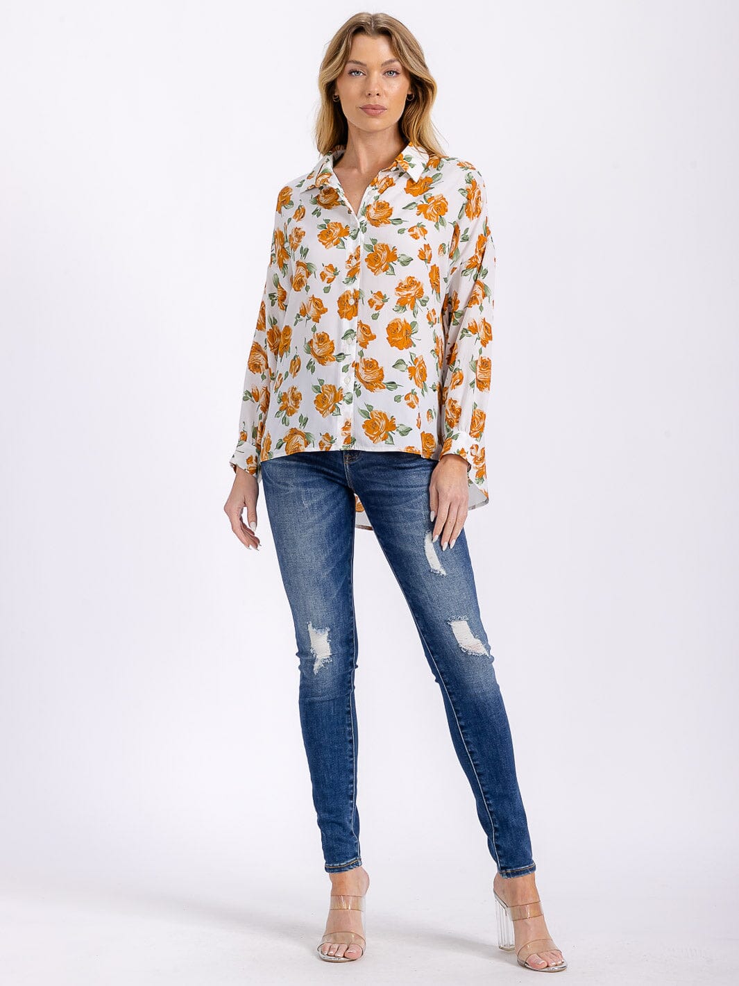 WOMEN'S LONG SLEEVE BUTTON UP HIGH-LOW FLOWER PRINT BLOUSE