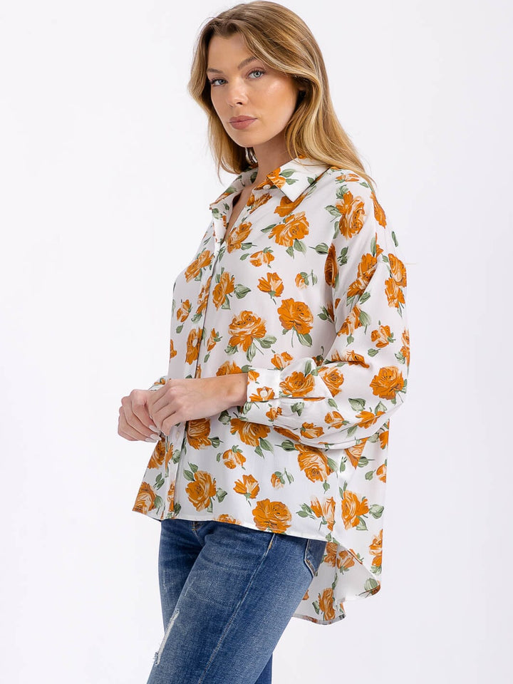 WOMEN'S LONG SLEEVE BUTTON UP HIGH-LOW FLOWER PRINT BLOUSE