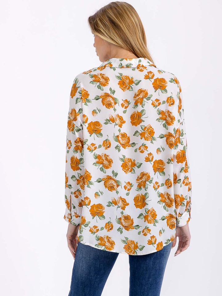 WOMEN'S LONG SLEEVE BUTTON UP HIGH-LOW FLOWER PRINT BLOUSE