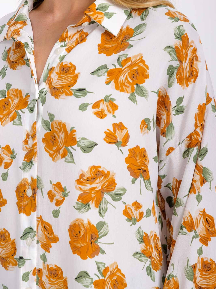 WOMEN'S LONG SLEEVE BUTTON UP HIGH-LOW FLOWER PRINT BLOUSE