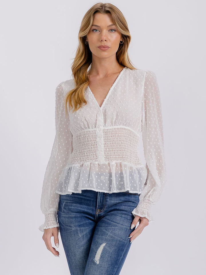 WOMEN'S LONG SLEEVE V-NECK BUTTON UP SMOCK SWISS DETAILED BLOUSE