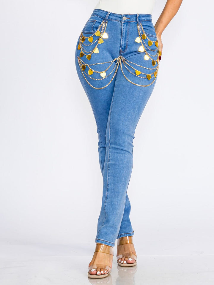 WOMEN'S BUTTON CLOSURE POCKETS CHAIN HEARTS STRETCH DENIM SKINNY JEANS