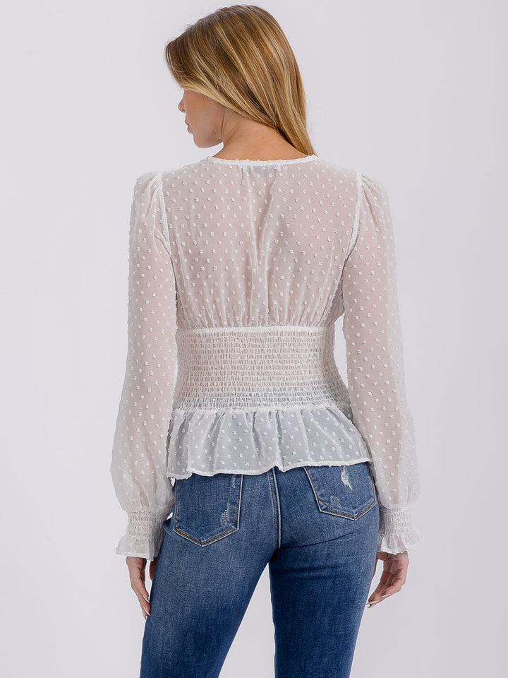 WOMEN'S LONG SLEEVE V-NECK BUTTON UP SMOCK SWISS DETAILED BLOUSE