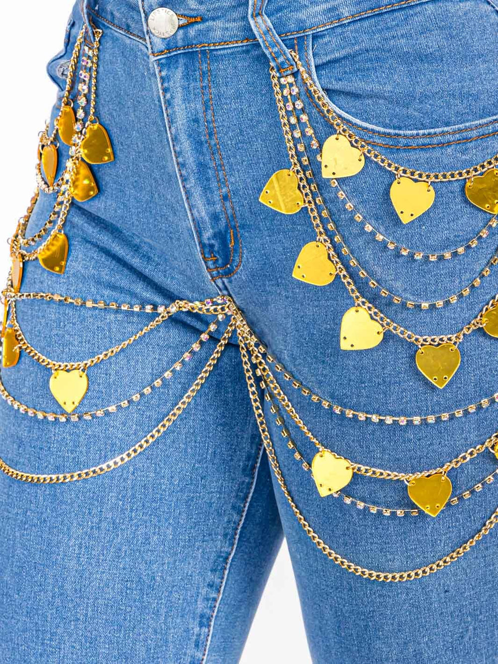 WOMEN'S BUTTON CLOSURE POCKETS CHAIN HEARTS STRETCH DENIM SKINNY JEANS