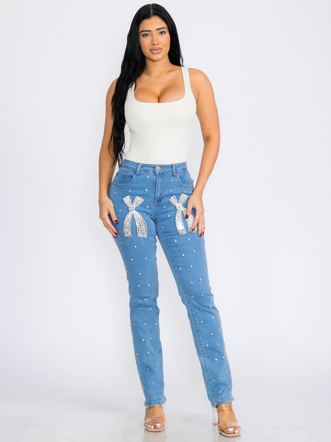 WOMEN'S BUTTON CLOSURE POCKETS STUDS BOW STRETCH DENIM SKINNY JEANS