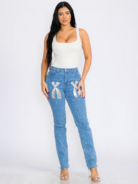 WOMEN'S BUTTON CLOSURE POCKETS STUDS BOW STRETCH DENIM SKINNY JEANS
