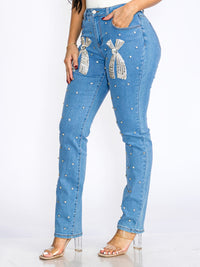 WOMEN'S BUTTON CLOSURE POCKETS STUDS BOW STRETCH DENIM SKINNY JEANS