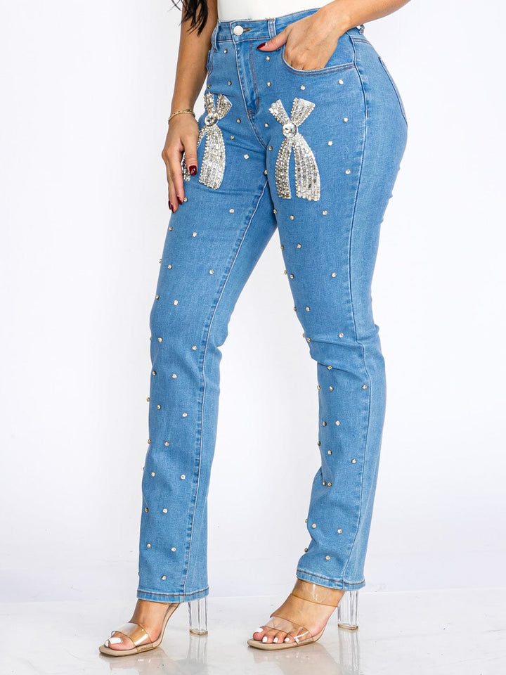 WOMEN'S BUTTON CLOSURE POCKETS STUDS BOW STRETCH DENIM SKINNY JEANS