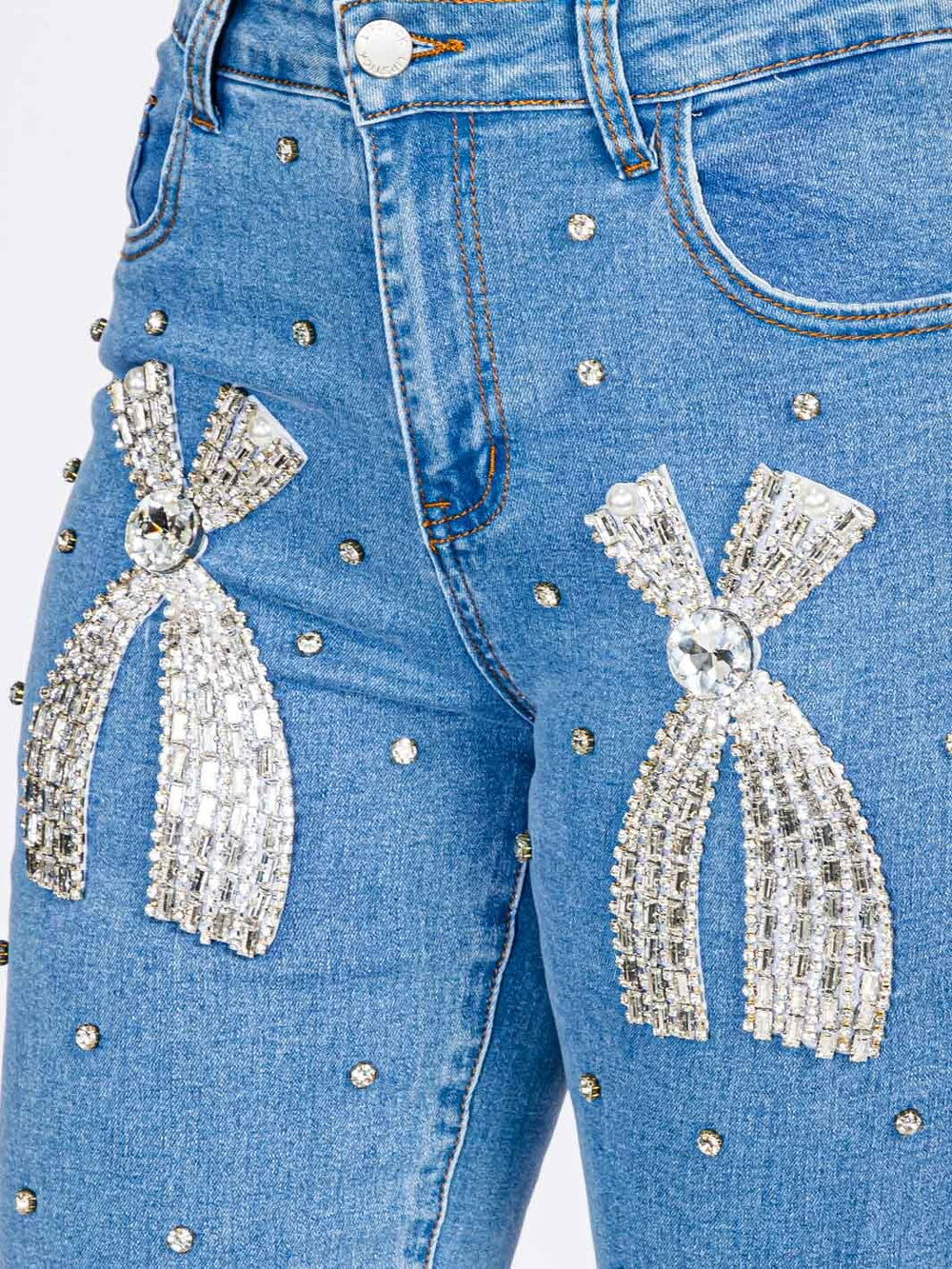 WOMEN'S BUTTON CLOSURE POCKETS STUDS BOW STRETCH DENIM SKINNY JEANS