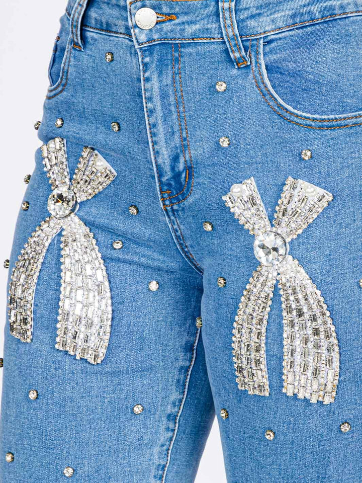 WOMEN'S BUTTON CLOSURE POCKETS STUDS BOW STRETCH DENIM SKINNY JEANS