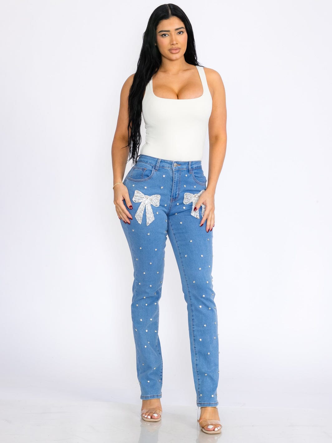 WOMEN'S BUTTON CLOSURE POCKETS STUDS BOW STRETCH DENIM SKINNY JEANS