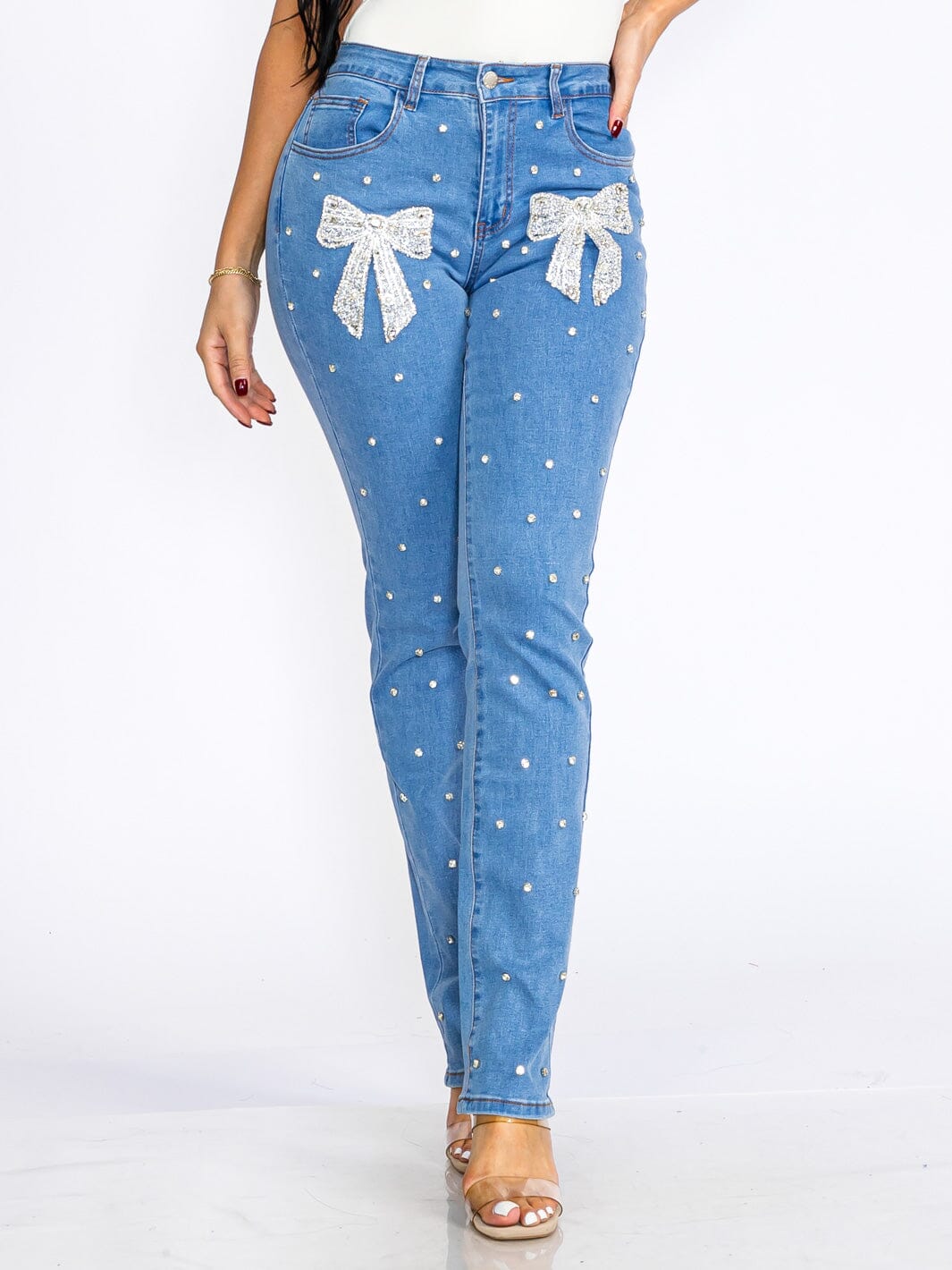 WOMEN'S BUTTON CLOSURE POCKETS STUDS BOW STRETCH DENIM SKINNY JEANS