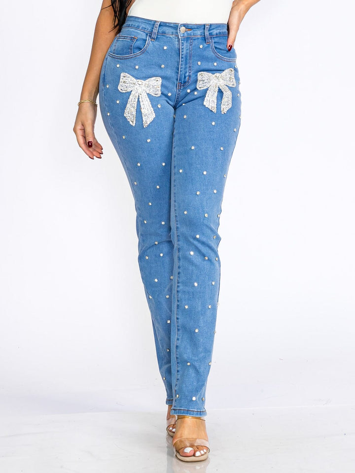 WOMEN'S BUTTON CLOSURE POCKETS STUDS BOW STRETCH DENIM SKINNY JEANS