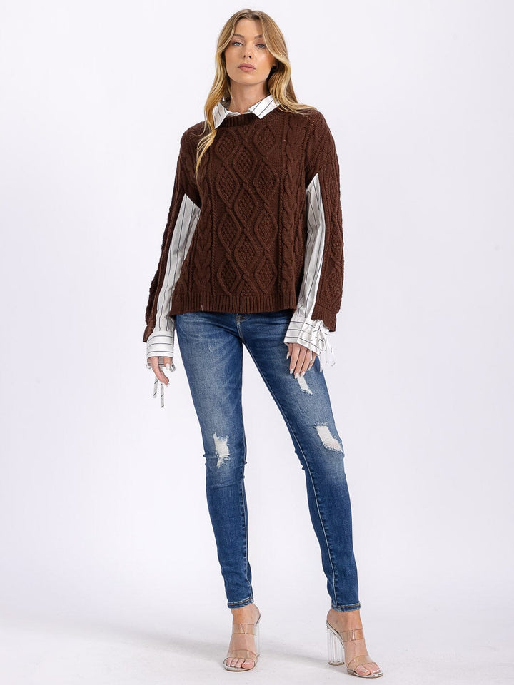 WOMEN'S LONG SLEEVE KNIT CONTRAST STRIPES TOP