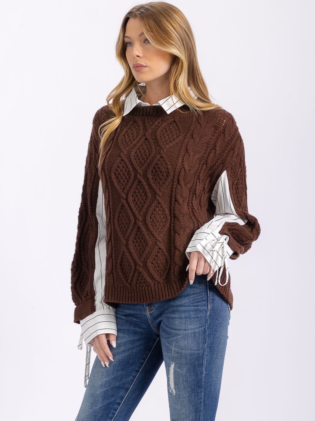 WOMEN'S LONG SLEEVE KNIT CONTRAST STRIPES TOP