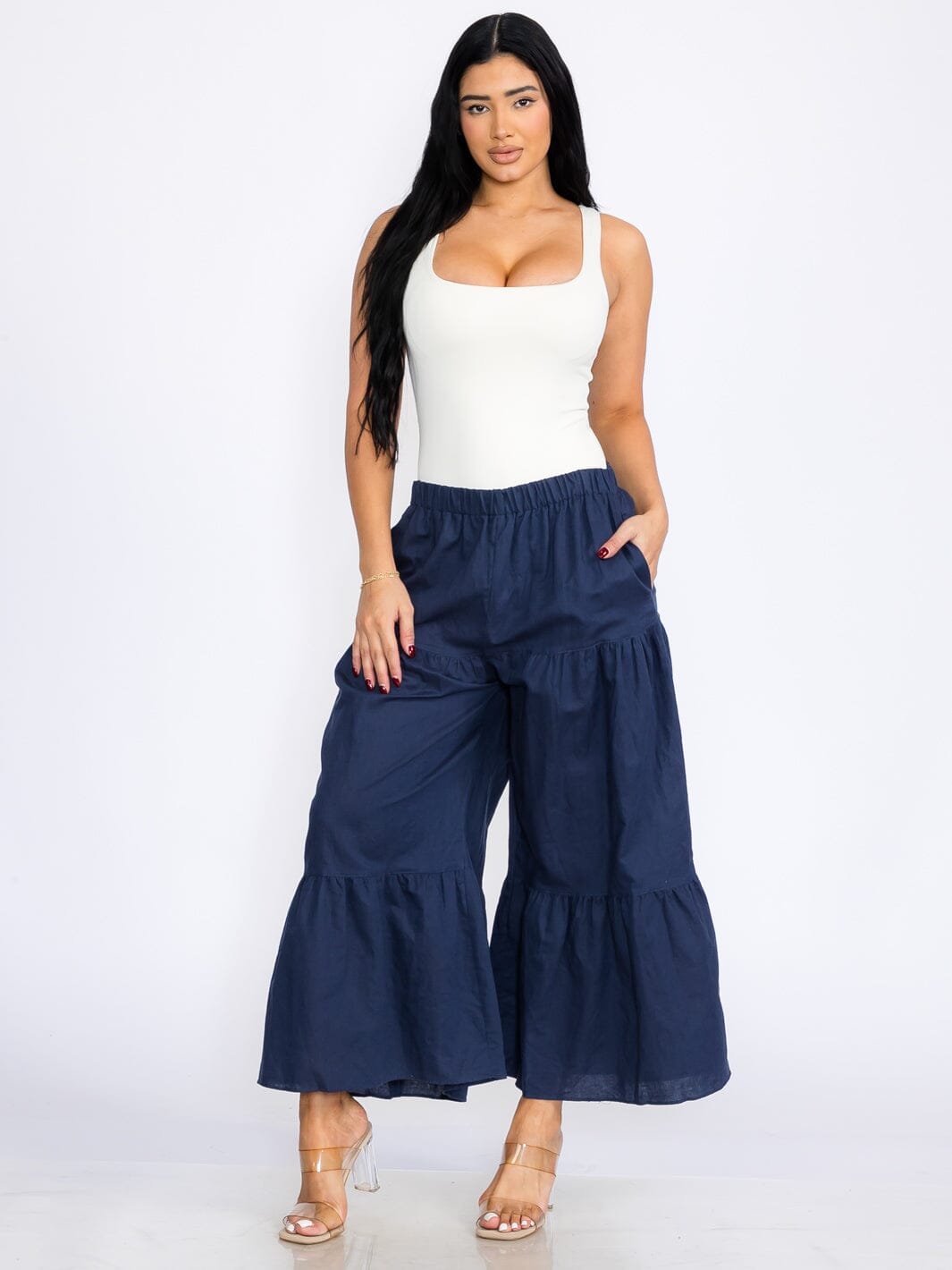 WOMEN'S ELASTIC WAIST POCKETS TIERED WIDE LEG LINEN PANTS