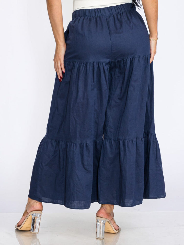 WOMEN'S ELASTIC WAIST POCKETS TIERED WIDE LEG LINEN PANTS