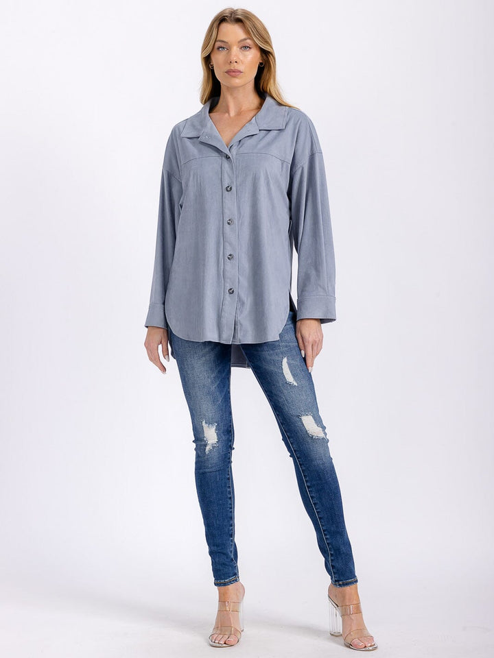 WOMEN'S LONG SLEEVE BUTTON UP HIGH-LOW TOP