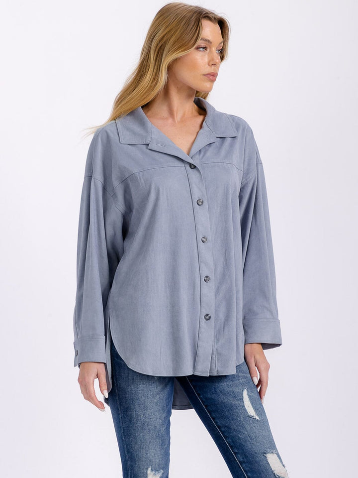 WOMEN'S LONG SLEEVE BUTTON UP HIGH-LOW TOP