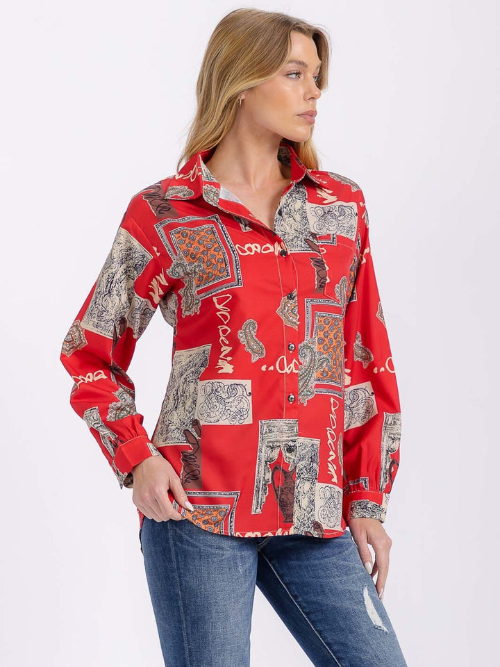WOMEN'S LONG SLEEVE BUTTON UP FRONT POCKET MULTI PRINT BLOUSE