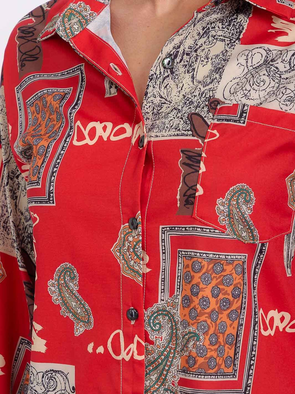 WOMEN'S LONG SLEEVE BUTTON UP FRONT POCKET MULTI PRINT BLOUSE