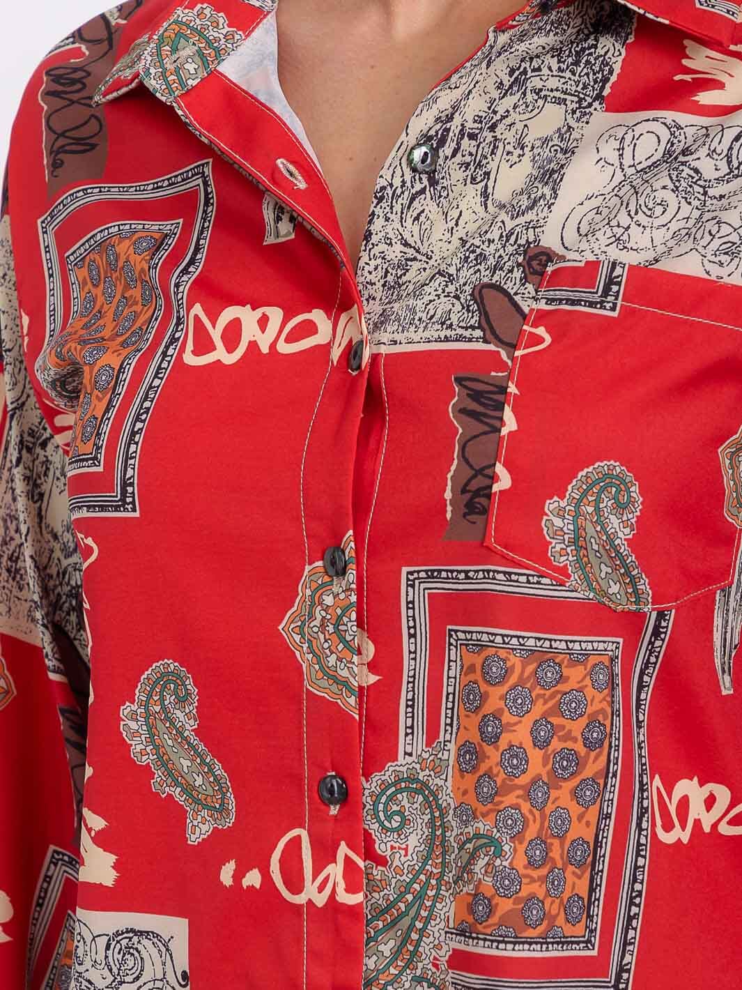 WOMEN'S LONG SLEEVE BUTTON UP FRONT POCKET MULTI PRINT BLOUSE