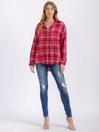 WOMEN'S LONG SLEEVE V-NECK HIGH-LOW PLAID SHIRT