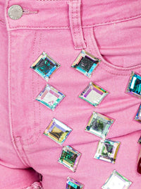 WOMEN'S BUTTON CLOSURE POCKETS STUDS STRETCH DENIM SHORTS