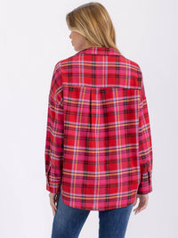 WOMEN'S LONG SLEEVE V-NECK HIGH-LOW PLAID SHIRT
