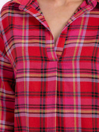 WOMEN'S LONG SLEEVE V-NECK HIGH-LOW PLAID SHIRT