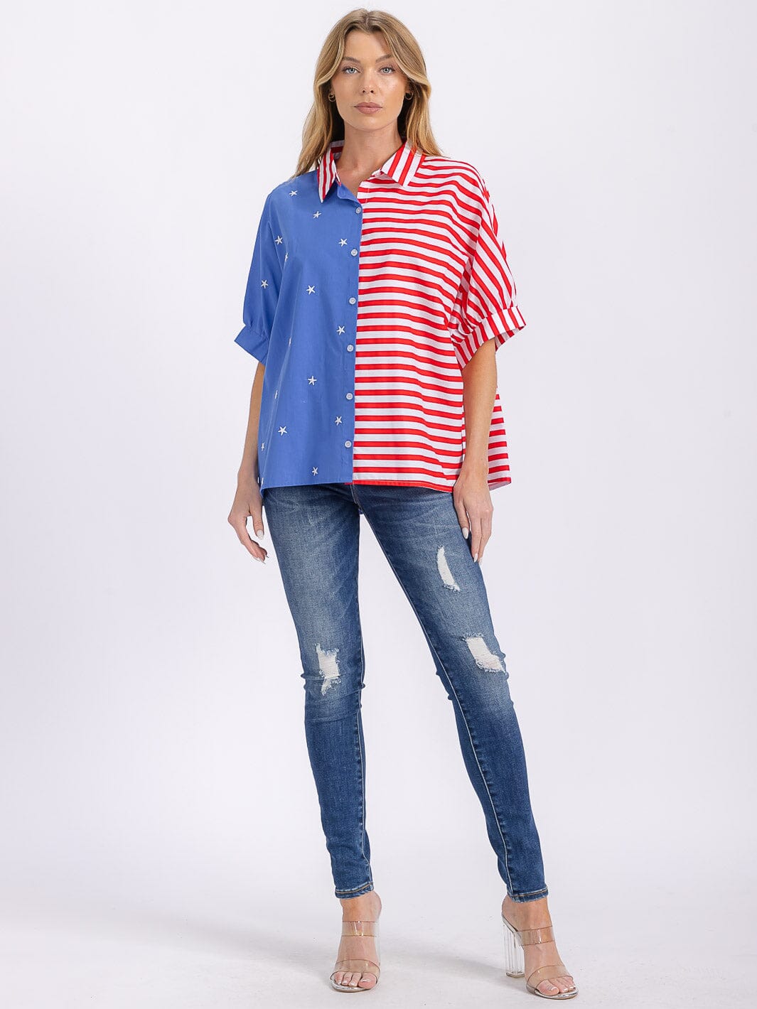 WOMEN'S SHORT SLEEVE BUTTON UP COLORBLOCK AMERICAN FLAG SHIRT