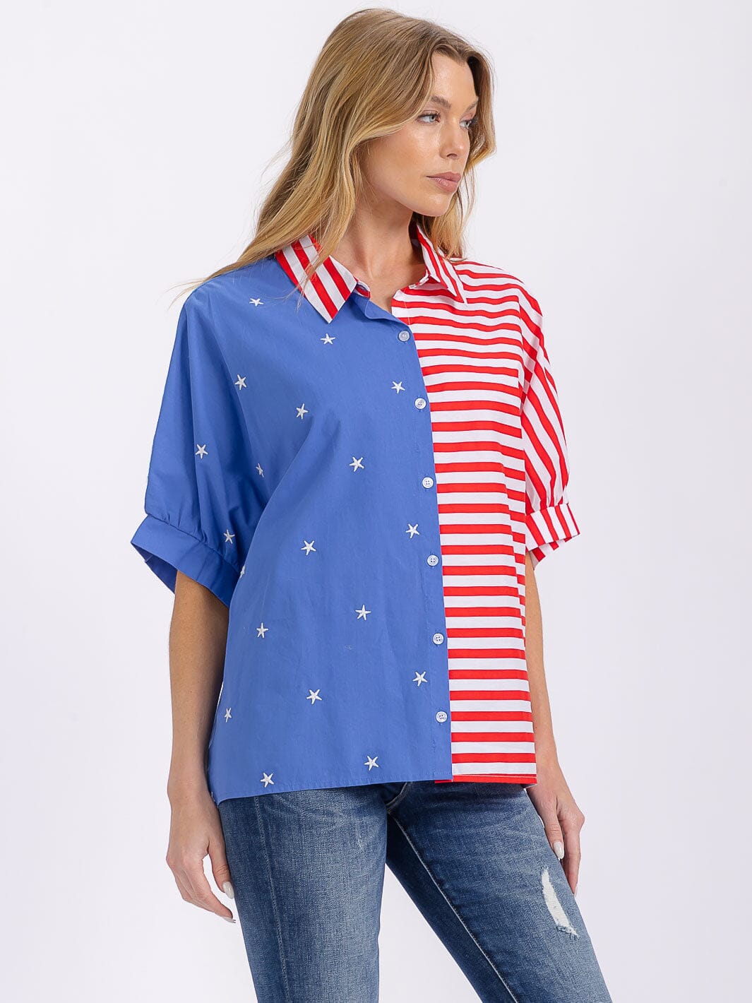 WOMEN'S SHORT SLEEVE BUTTON UP COLORBLOCK AMERICAN FLAG SHIRT
